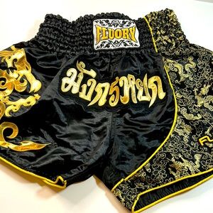FLUORY Men's Boxing Wrestling Fighting MMA Athletic Shorts Gold Black Size XL